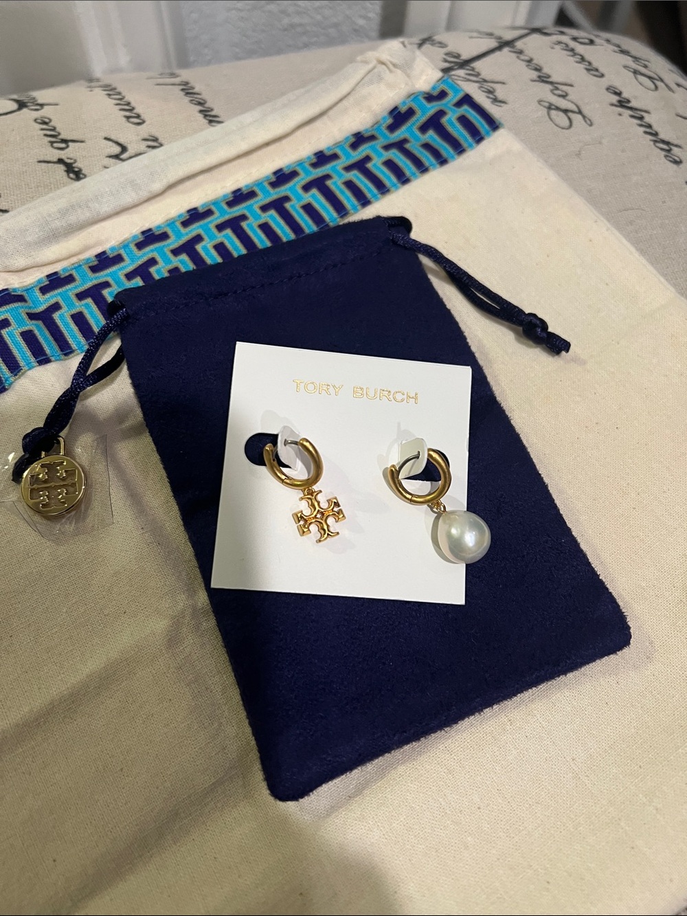 Tory Burch Gold Color Imitation Pearl & Double T Charm Mismatched Hoop Earrings